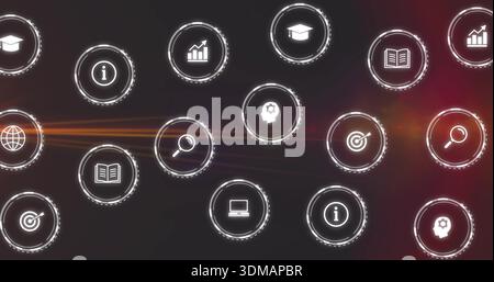 Displaying floating HUD icons glowing in dark UI with dotted rings, orange flare, chart Stock Photo