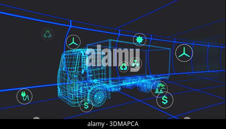 Rendering wireframe box truck moving in neon grid tunnel, showing recycling and plug icons Stock Photo