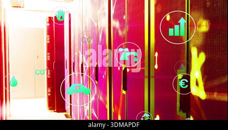 Displaying bank of metal server racks glowing in tech room, with open cabinet and overlay icons Stock Photo
