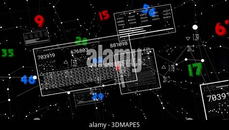 Displaying central key-grid panel with floating data panels in 3D network, highlighted red key Stock Photo