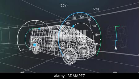 Showing wireframe cargo van in virtual tunnel, displaying left or right gauges 54% 22Â°C 12:24 Stock Photo