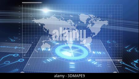 Displaying dotted world map on clear grid in virtual interface, holo HUD showing numeric readouts Stock Photo