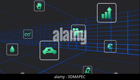 Displaying electric car icon floating in rounded panels within neon blue grid corridor, with icons Stock Photo