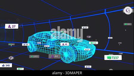 Rotating cyan wireframe car showing floating UI badges inside curved blue grid tunnel, 7237 chat Stock Photo
