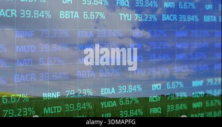 Displaying translucent ticker overlay floating over rolling hills and clouds, showing percentages Stock Photo