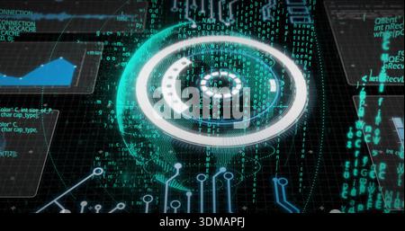 Displaying central holographic circular HUD rotating over virtual grid plane, with wireframe globe Stock Photo