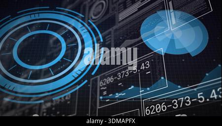 Displaying futuristic HUD in 3D dashboard, showing pie radar chart and readouts 6206-373-5 Stock Photo