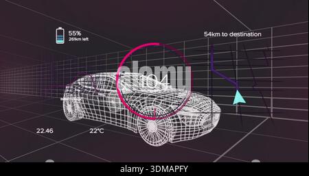 Displaying wireframe sedan model on 3D grid HUD, showing gauge104, 55% or 261km, nav54km, 22 Stock Photo