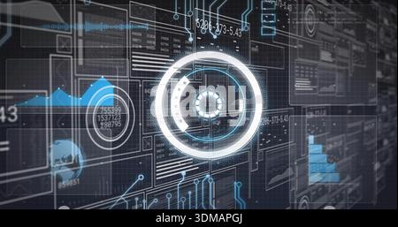 Glowing central HUD rotating over dark grid plane, showing panels with charts and circuit traces Stock Photo