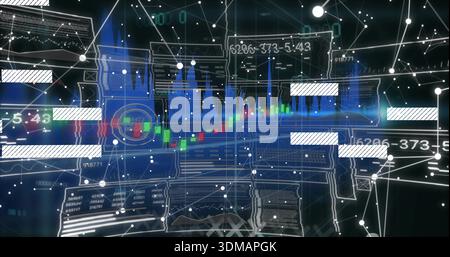Displaying central candlestick chart pulsing in virtual trading dashboard, with blue trend overlay Stock Photo
