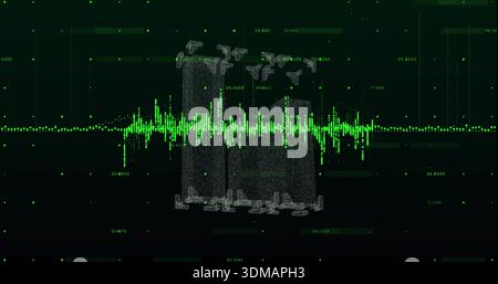 Displaying central green waveform and three dot pillars in dark dashboard, with numeric readouts Stock Photo