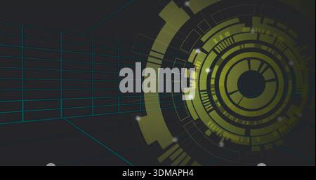 Projecting concentric circular HUD on right of virtual interface, with teal grid, nodes, copy space Stock Photo
