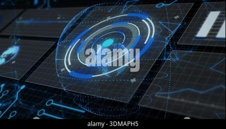 Projecting central 3D interface rotating data rings above dark grid platform, with glowing circuits Stock Photo