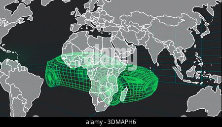 Hovering neon-green wireframe car spanning virtual world map, with turquoise grid lines Stock Photo