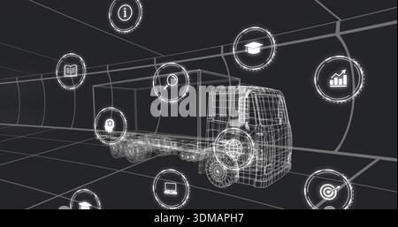 Displaying wireframe truck cab and box trailer rotating in 3D grid tunnel, showing HUD icons Stock Photo