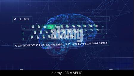 Pulsating holographic brain in cyber grid with UI panels keyboard icons green key and numeric strip Stock Photo