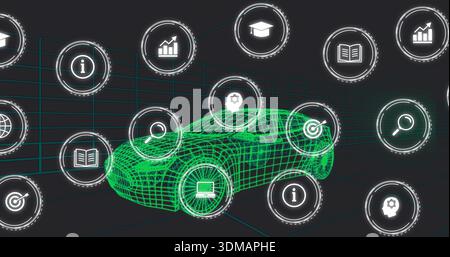 Rotating green wireframe car model occupying center in teal grid, with floating white UI icons Stock Photo