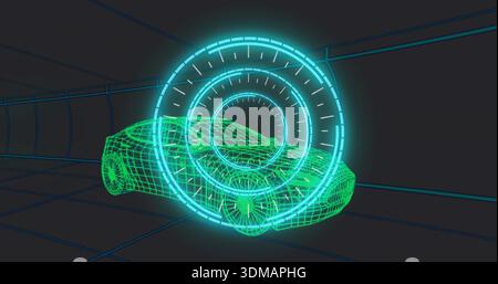 Displaying neon green wireframe sports car model rotating in simulated tunnel, with cyan HUD rings Stock Photo