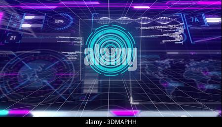Projecting central cyan HUD pulsing above 3D grid floor in virtual command bay, showing 52% gauge Stock Photo
