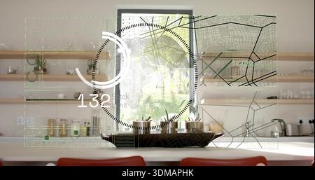 Displaying translucent HUD overlay across modern kitchen, showing white countertop and wooden tray Stock Photo