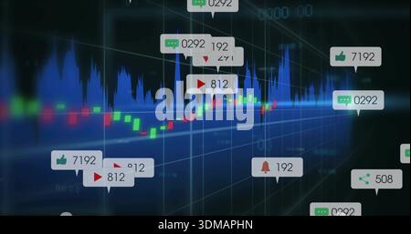Displaying trading dashboard showing candlestick chart moving over blue grid with floating badges Stock Photo