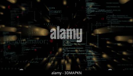 Displaying central vertical C++-style code column standing in deep cyberspace, with binary digits Stock Photo