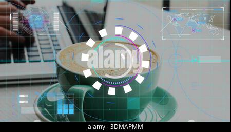 Sitting green cup with latte art on table, hands in dark-sleeve typing on laptop, HUD overlaying Stock Photo