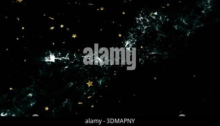 Glowing filamentous network spanning black void, displaying turquoise-white nodes and gold stars Stock Photo