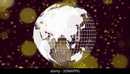 Spinning globe showing white continents with wireframe grid on maroon backdrop, gold bokeh sparkles Stock Photo