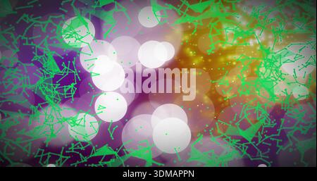 Glowing soft bokeh cluster occupying center-left in digital art, with green line-node overlay Stock Photo