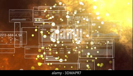 Floating translucent HUD panels and glowing bokeh over warm nebula backdrop, showing line charts Stock Photo