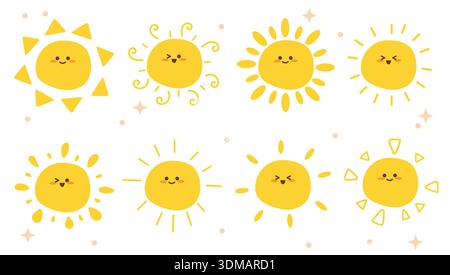 Sun with faces drawing clipart set. Yellow Sun with faces clip art with different sunrays doodle design for sunny day  cute Sun characters collection Stock Vector