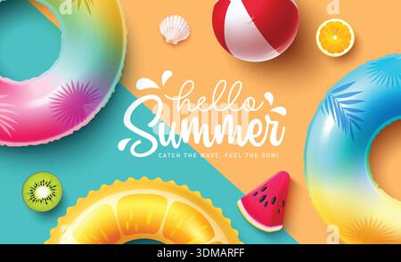 Hello Summer greeting clipart design. Hello Summer greeting text with colorful floaters, beach ball and fruit elements decoration clip art in blue Stock Vector