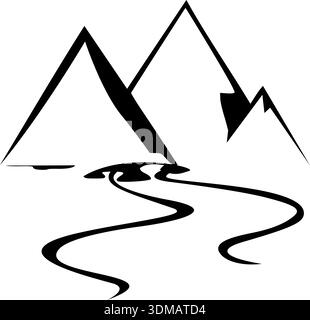 Minimalist black and white mountain landscape vector illustration with a winding river and sharp peaks for adventure logo or nature brand identity Stock Vector