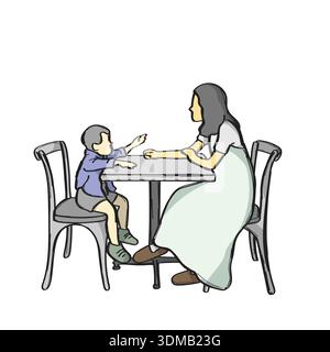 Mother and son talking at a table illustration vector sketch with black lines Stock Vector