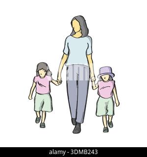 mother walking with her two children illustration vector sketch with black lines Stock Vector
