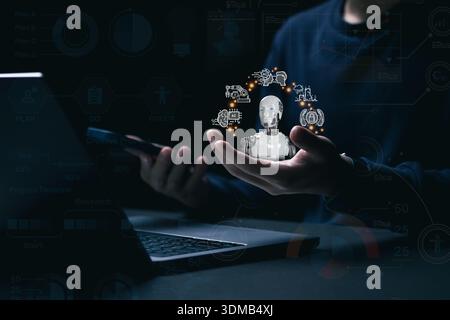 Digital data mining and machine learning technology design for computer brain. 3D rendering artificial intelligence AI research of robot and cyborg de Stock Photo