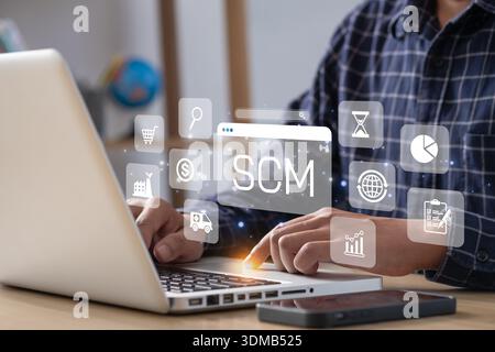 businessman analyze supply chain management SCM.  Business, Technology, Internet and network concept. Stock Photo