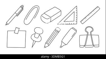 Cute educational stationery icon elements with doodle hand drawn style. Stock Vector