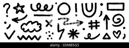 Brush arrow shape set. Arrow marker brush stroke forms, abstract organic asterisk, grunge circle elements. Shape with hand drawn scribble sketch graphic art texture background. Vector illustration Stock Vector