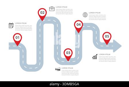 Business roadmap infographic with 5 numbered steps for success and goal. Stock Vector