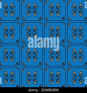 Elegant seamless blue tile pattern with vintage geometric ornaments and golden accents. Perfect for ceramic design, wallpaper, textiles, and digital b Stock Vector