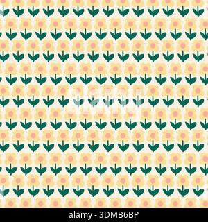 Seamless pastel floral pattern with pink petals, yellow centers, and green leaves on cream. Ideal for textiles, wallpapers, packaging, branding, and d Stock Vector