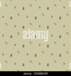 Seamless cute pattern featuring woodland animals like bear, moose, and fox on soft beige background. Adorable cartoon design perfect for baby fabric, Stock Vector