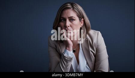 Problem solving, thinking and businesswoman in studio with space for mistake in career with finance failure. Stress, reflection and financial manager Stock Photo