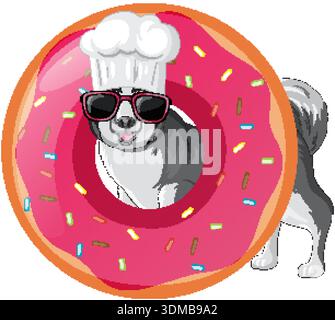 Vector illustration of a cool husky wearing a chef hat behind a frosted donut Stock Vector