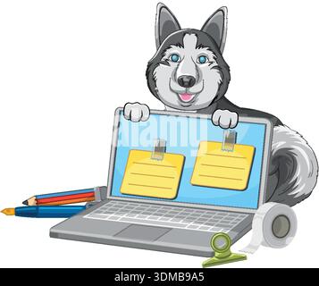 Vector illustration of a smiling husky dog using a laptop with sticky notes and stationery Stock Vector