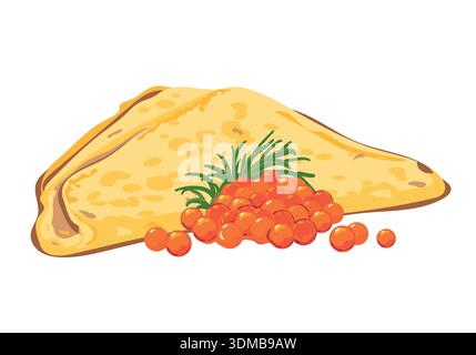 A thin pancake and red caviar. Traditional Russian food for the Maslenitsa holiday. Vector illustration. A crep folded into a triangle and a mound of salmon caviar. Stock Vector