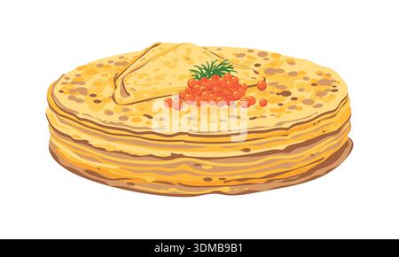 A stack of thin pancakes and red caviar. The most famous Russian dish of Maslenitsa. Vector illustration. Crepes and a mound of salted salmon caviar. Stock Vector