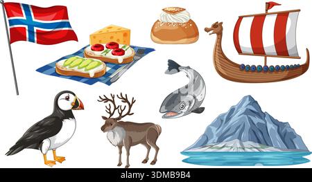 Norwegian cultural icons including flag, viking ship, puffin, reindeer, and traditional food on white background Stock Vector